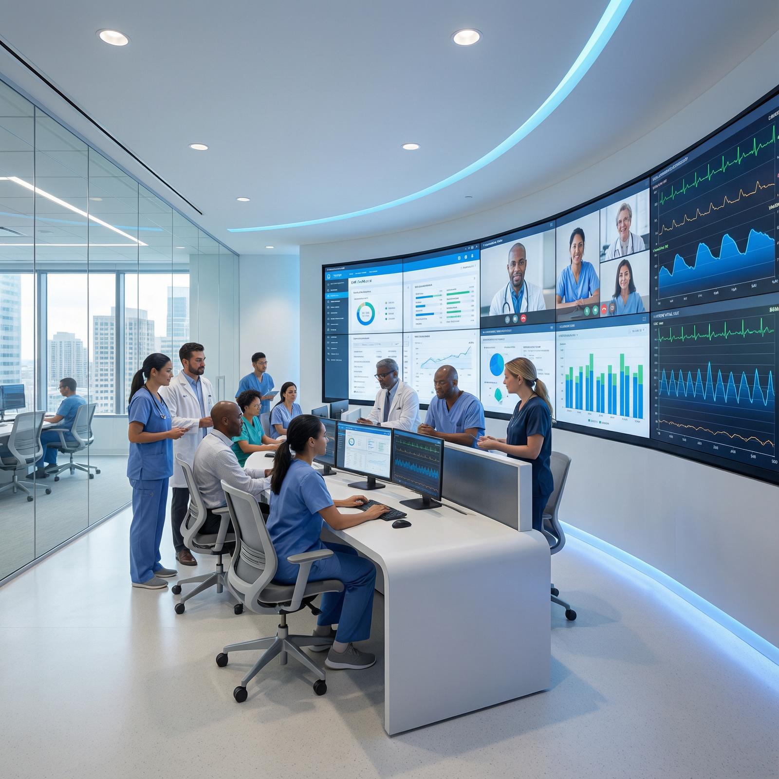 Healthcare operations team monitoring alert dashboards on a wall of screens